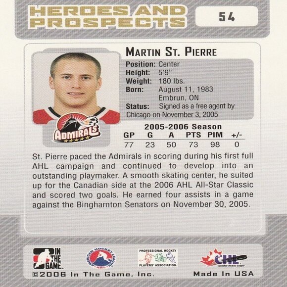 Martin St. Pierre - 2006 ITG Heroes & Prospects Hockey Card - Picture 2 of 2